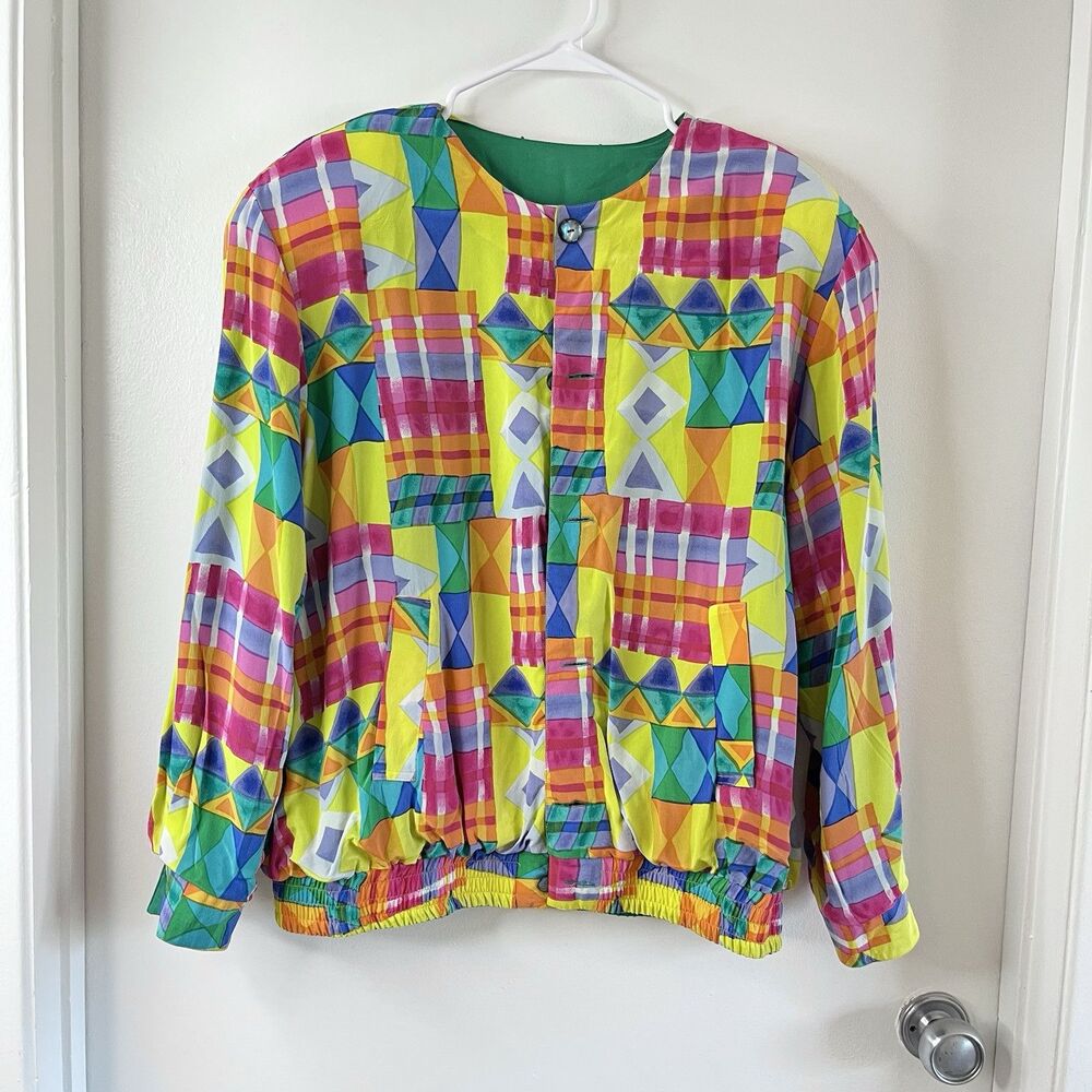GALINDA Wang 100% Silk Reversible Jacket Green & Mixed Print EUC SZ L Pockets